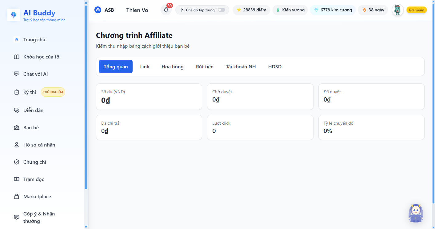 Dashboard Affiliate trong app