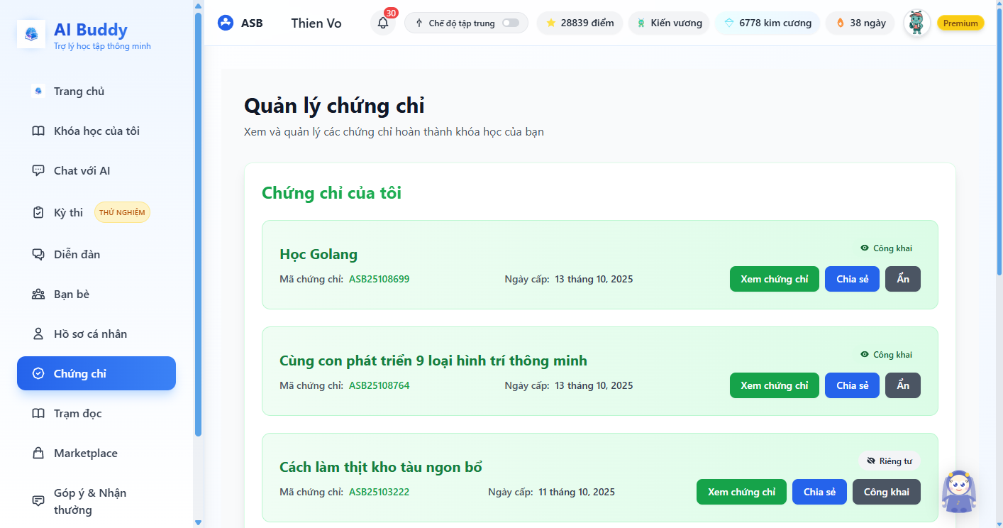 Chứng chỉ điện tử trong app