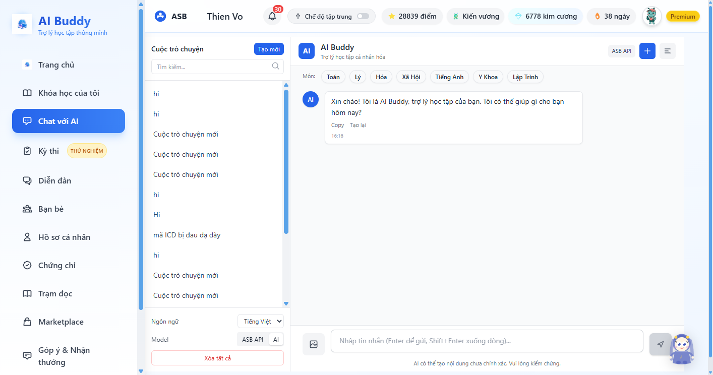 Chat AI Tutor trong app