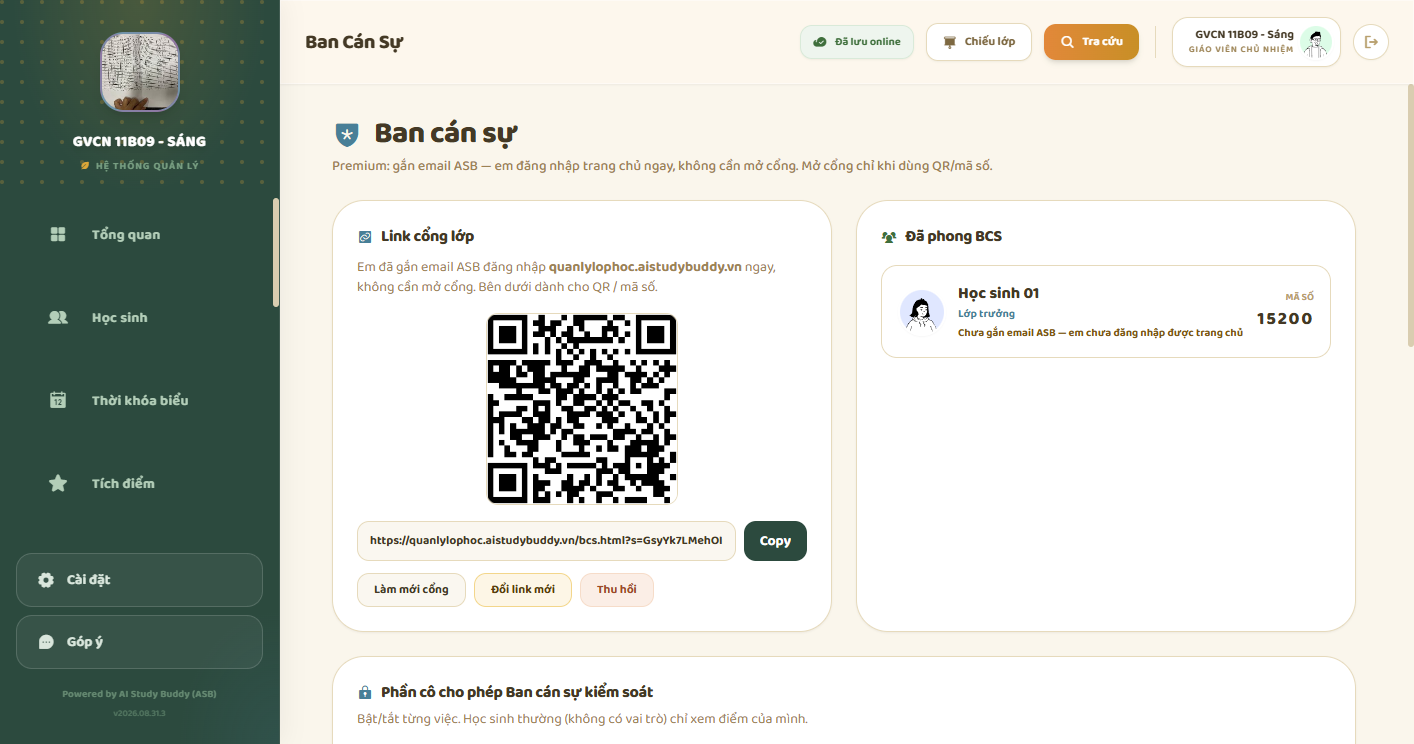 Cô mở cổng Ban cán sự — QR, link lớp, danh sách đã phong vai trò
