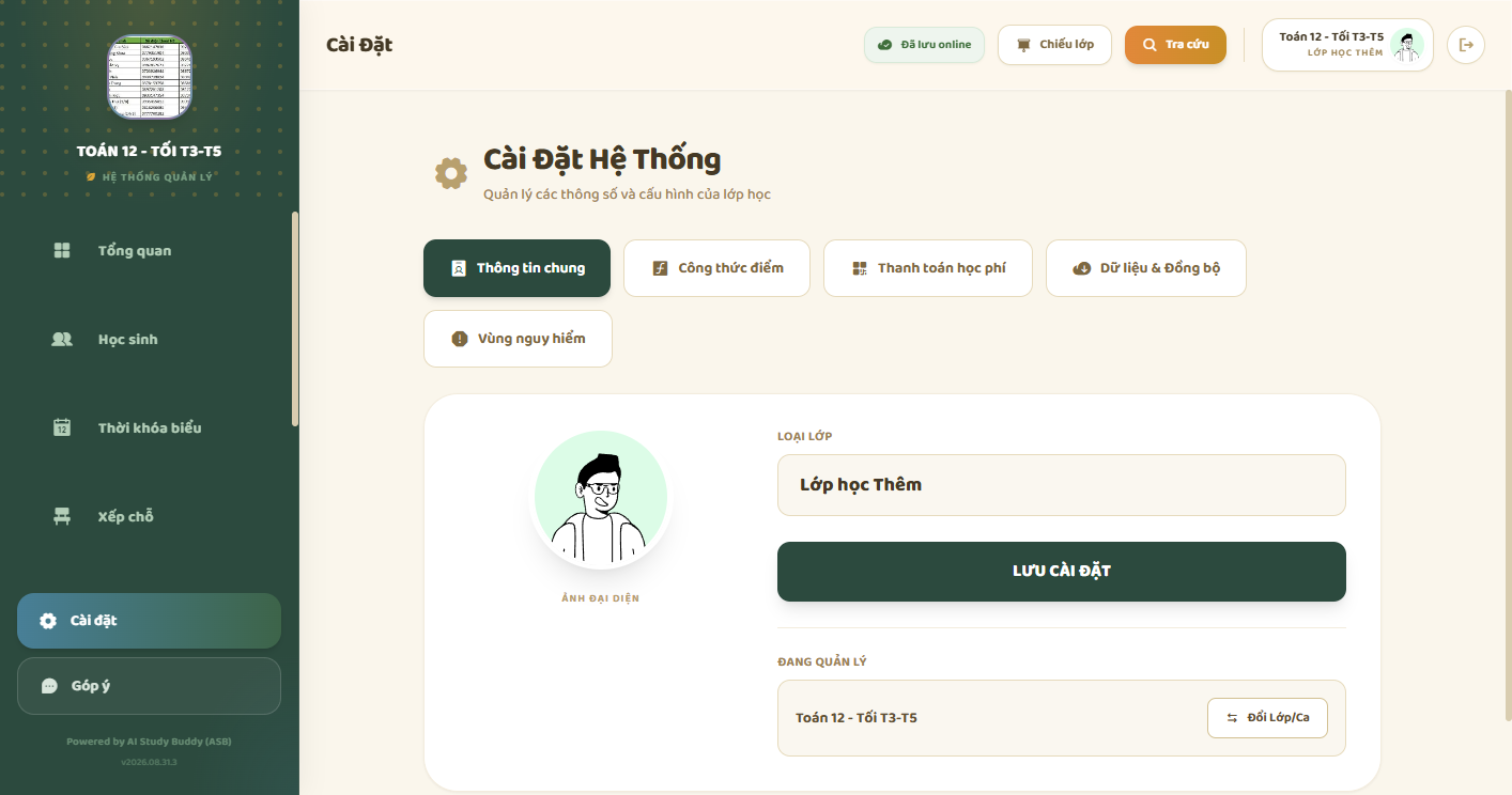 Cài đặt hệ thống — Thông tin chung, loại lớp, đổi Lớp/Ca