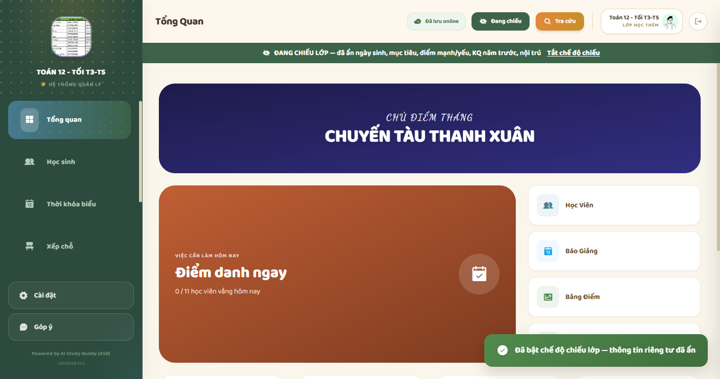 Banner đang chiếu lớp — đã ẩn thông tin riêng tư, nút Tắt chế độ chiếu