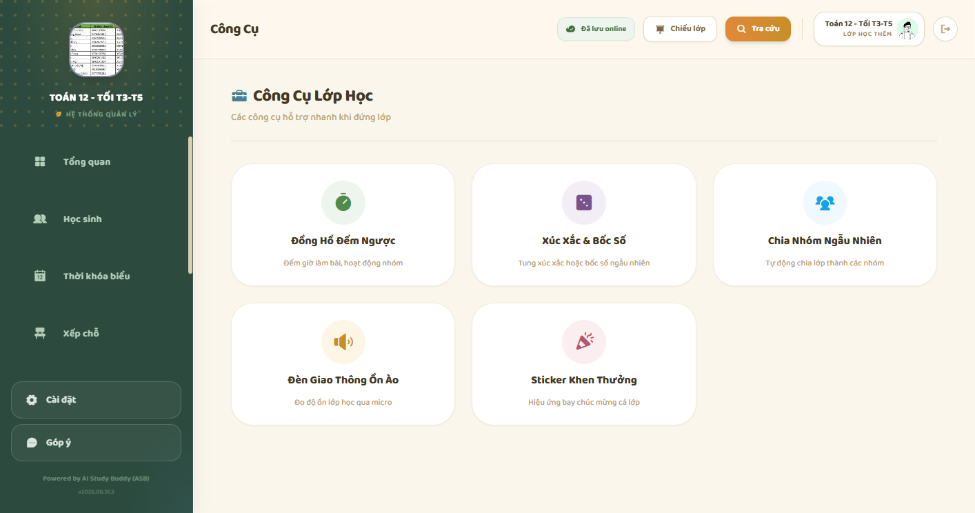 Công cụ lớp học — đồng hồ, xúc xắc, chia nhóm, đèn ồn, sticker