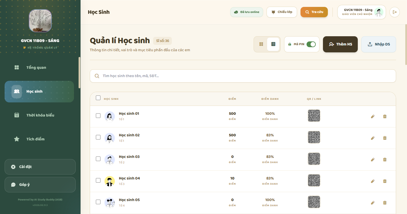 Danh sách học sinh — sĩ số, Thêm HS, Nhập DS, tìm kiếm, QR hồ sơ