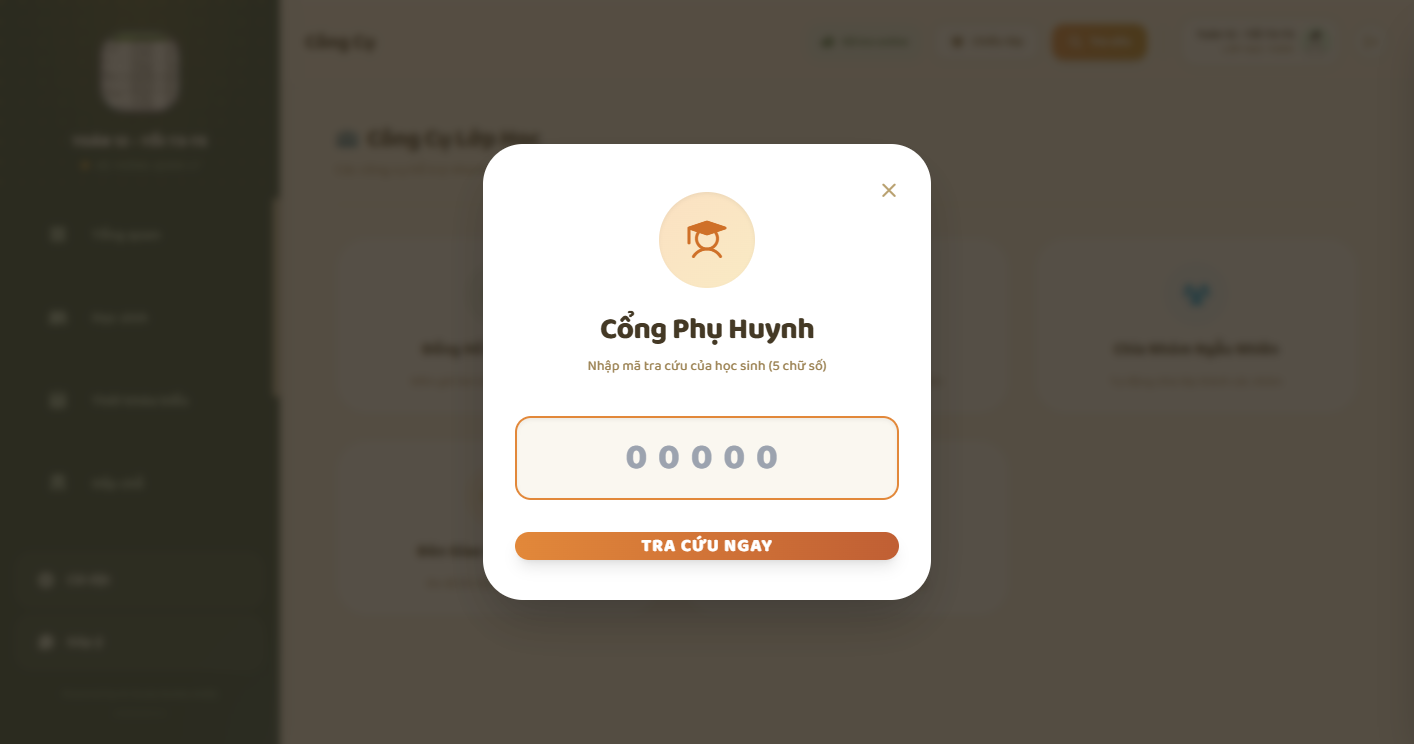 Cổng phụ huynh — nhập mã tra cứu 5 chữ số rồi Tra cứu ngay