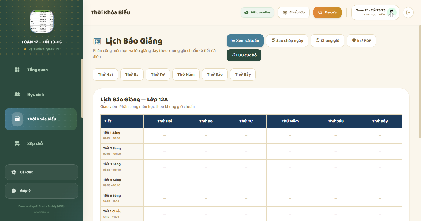 Lịch báo giảng cả tuần — tiết sáng chiều tối, môn và tên lớp