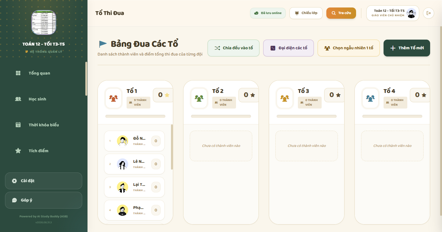 Bảng đua các tổ — tổng điểm, thành viên, chia đều vào tổ