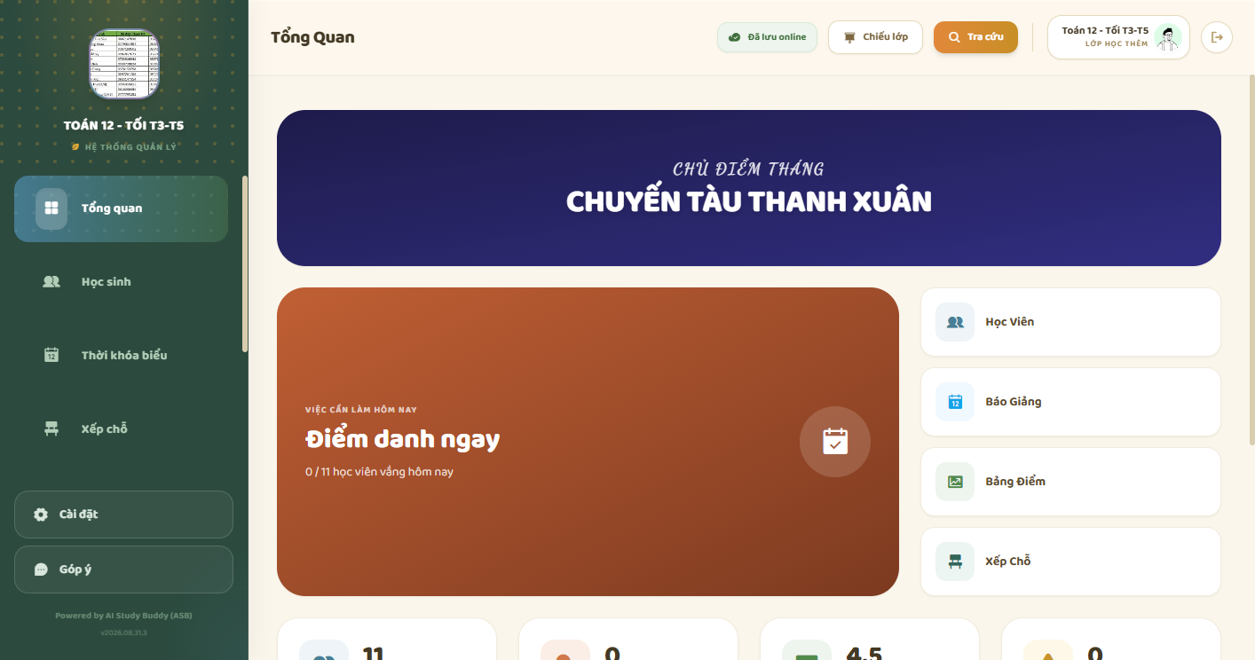 Tổng quan lớp dạy thêm — Điểm danh ngay, Học viên, Báo giảng, Bảng điểm, Xếp chỗ