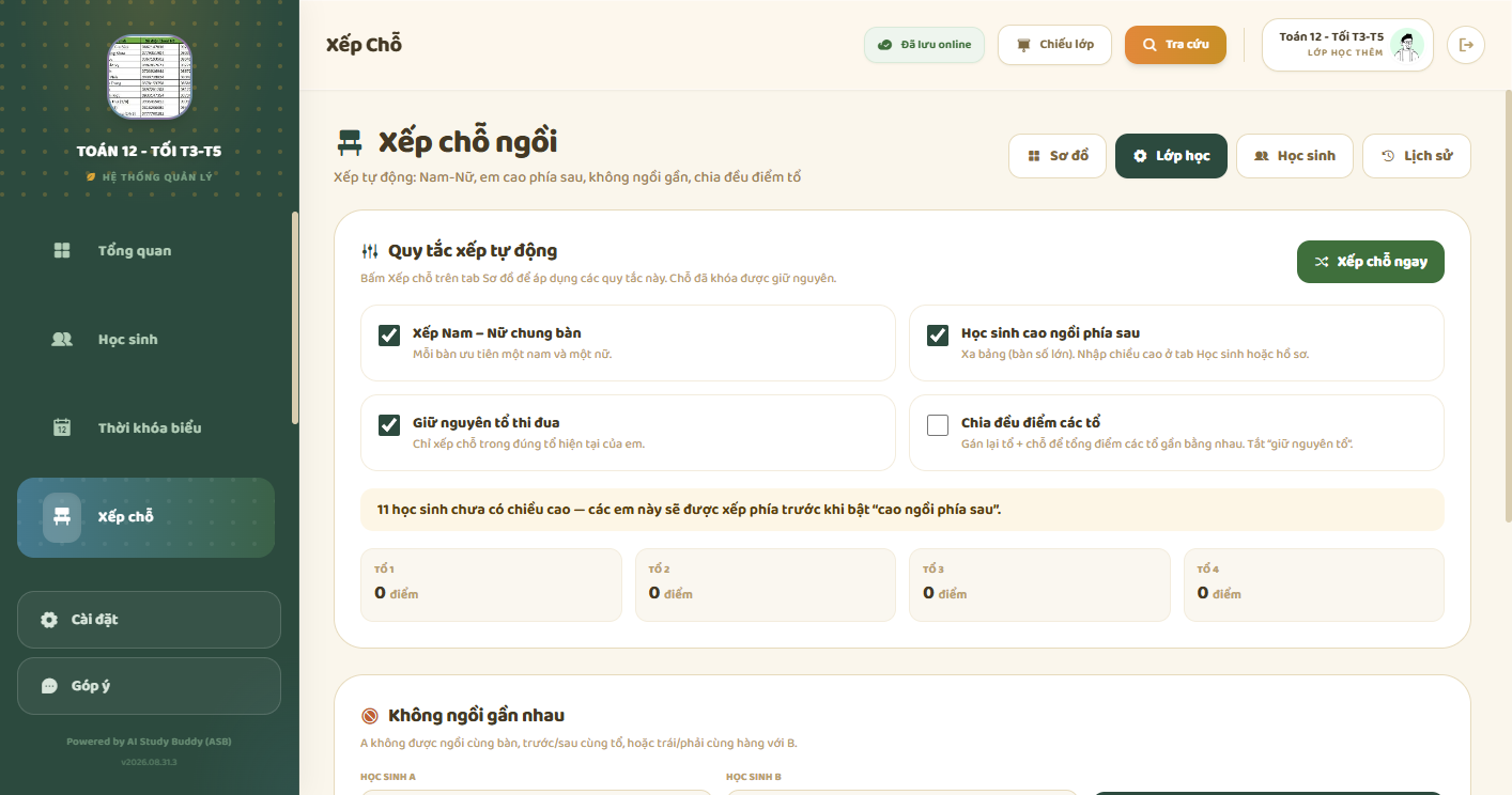 Cấu hình lớp học — số tổ, số bàn mỗi tổ, chỗ mỗi bàn, Nam-Nữ, cao phía sau