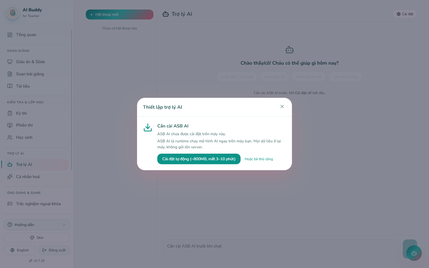 Trợ lý AI — wizard cài ASB AI trên máy trước khi chat