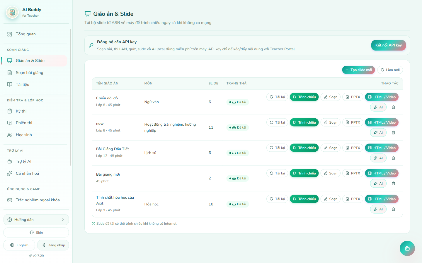 Giáo án và Slide — cột Thao tác có nút HTML / Video
