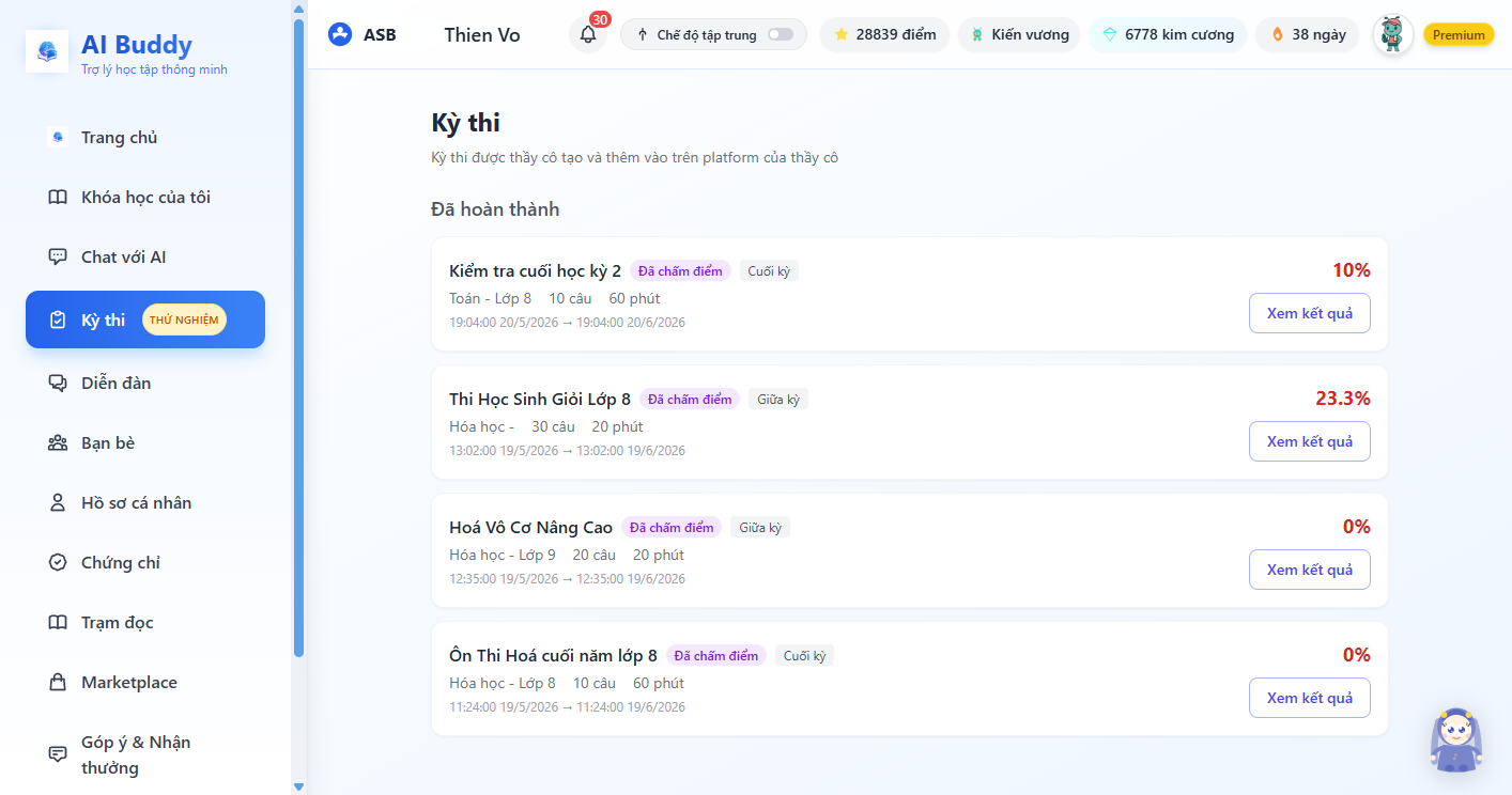 Danh sách bài thi trong app