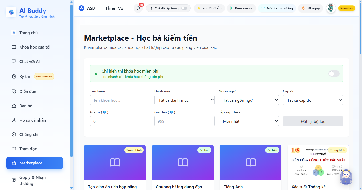 Marketplace trong app sau khi đăng nhập