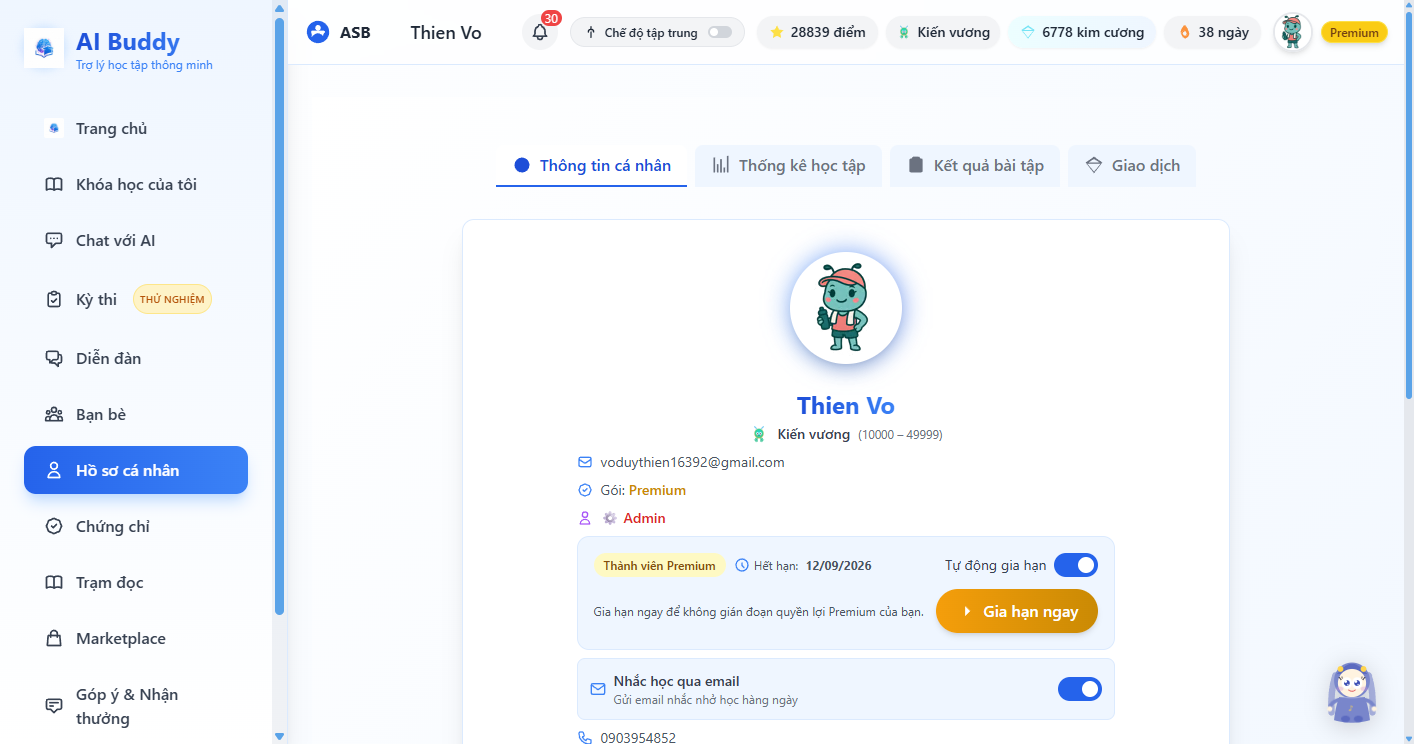 Trang hồ sơ trong app
