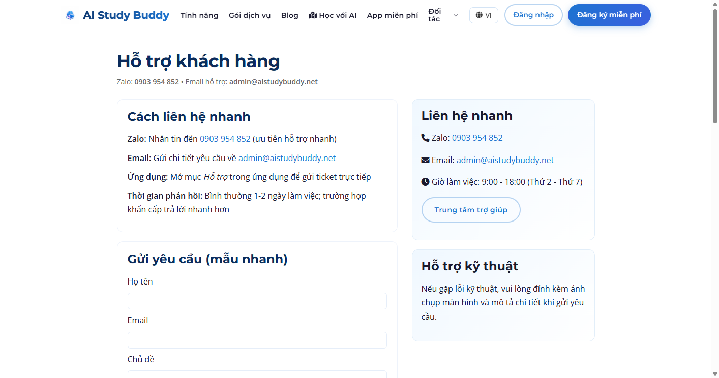 Trang hỗ trợ AIStudyBuddy