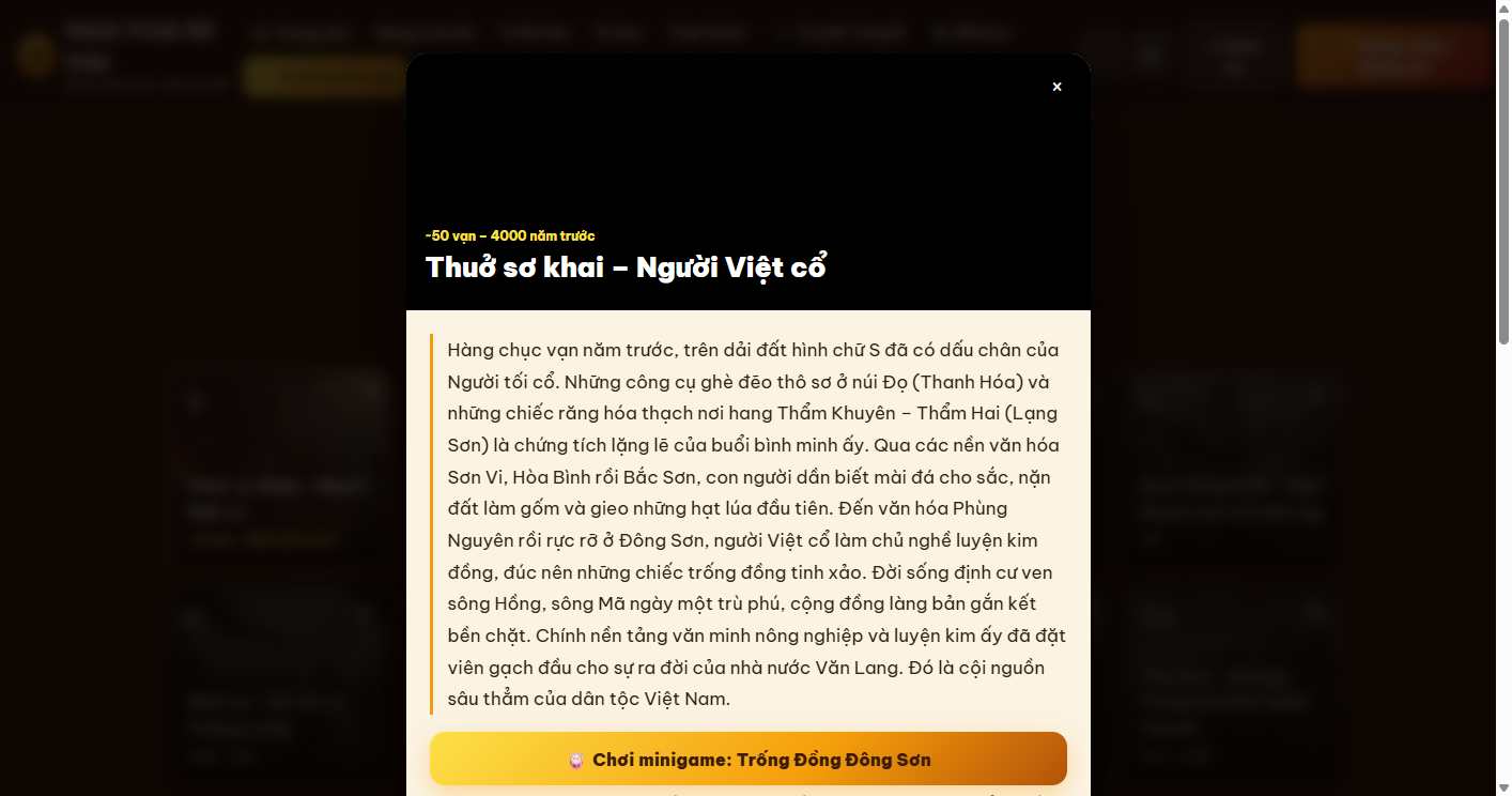 Cửa sổ đọc sử trước nhiệm vụ — đoạn kể thời kỳ, rồi mới chơi minigame hoặc ải