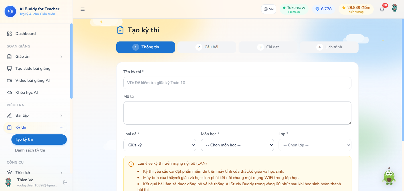 Bước Thông tin tạo kỳ thi — tên đề, loại giữa kỳ, môn lớp, lưu ý thi LAN
