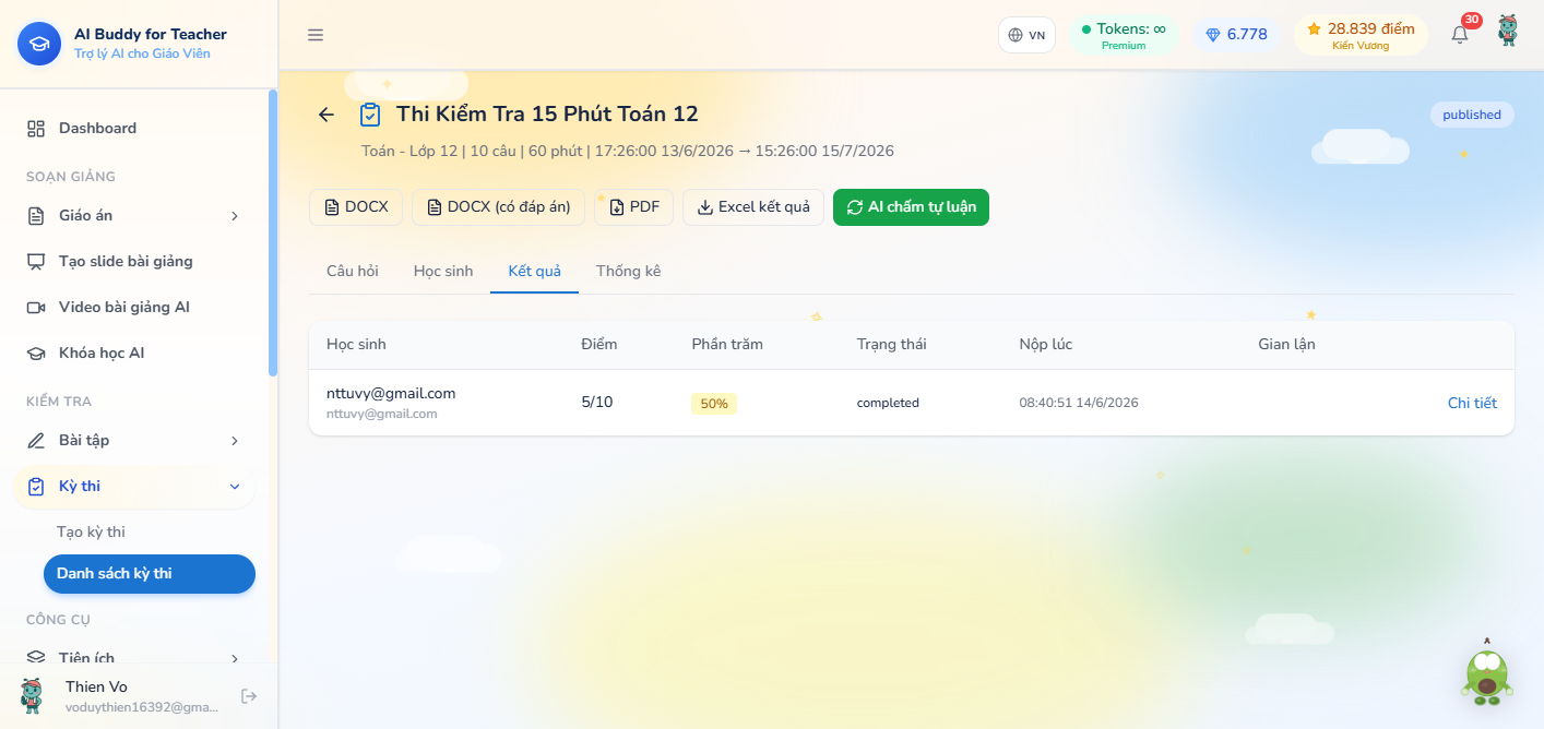 Tab Kết quả kỳ thi — điểm phần trăm trạng thái nộp lúc gian lận, nút AI chấm tự luận và Excel