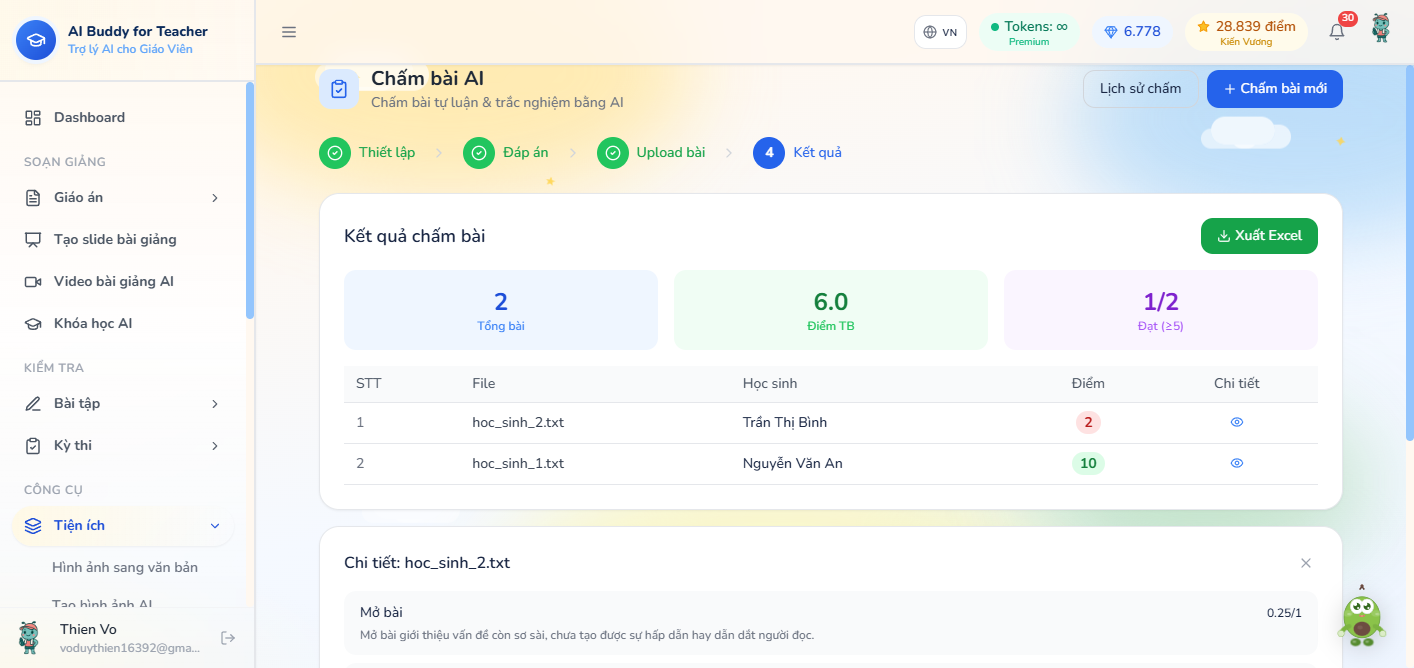 Chi tiết một bài tự luận — tiêu chí mở bài, điểm trên điểm tối đa, nhận xét AI