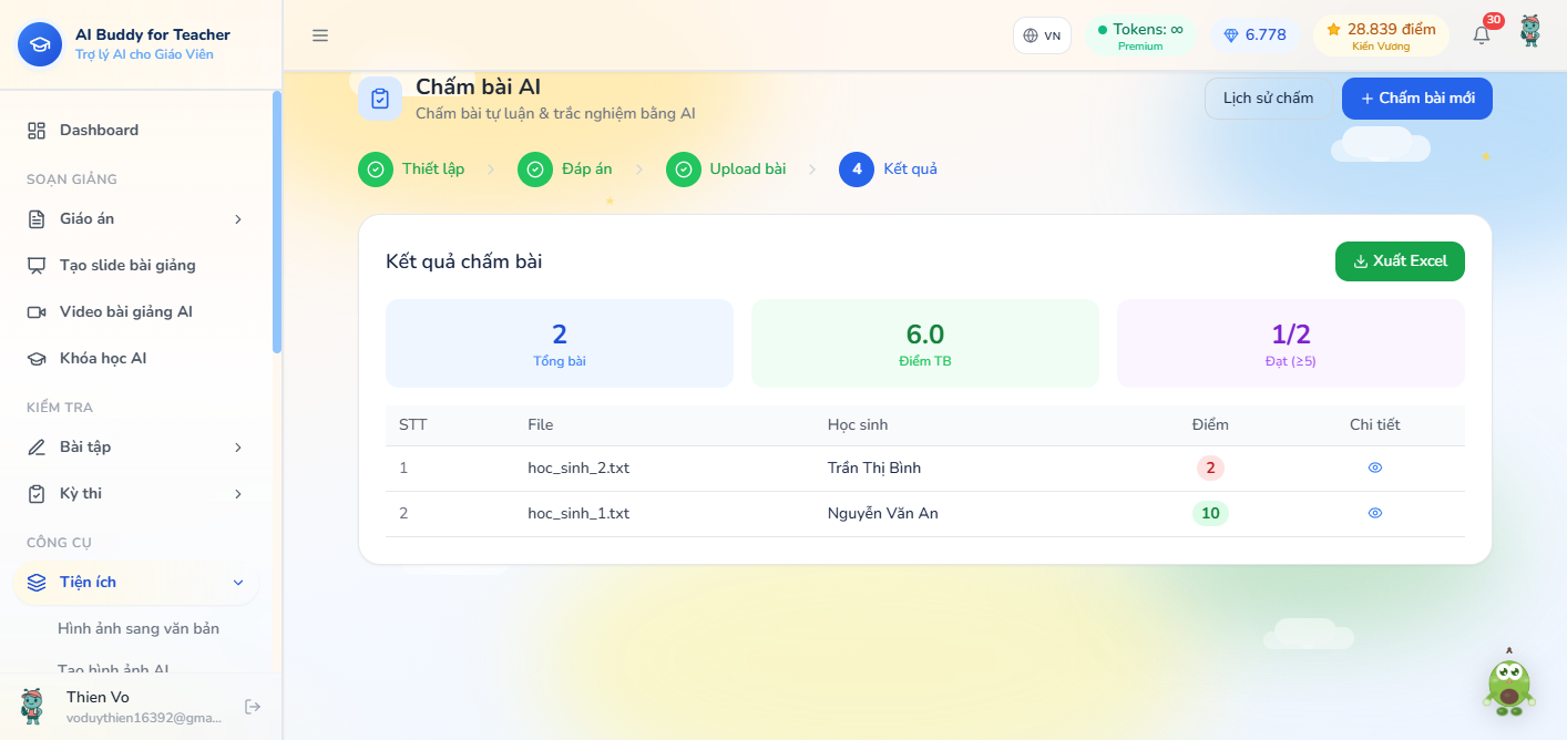Kết quả chấm bài AI — tổng bài, điểm TB, đạt từ 5, bảng file học sinh điểm, Xuất Excel