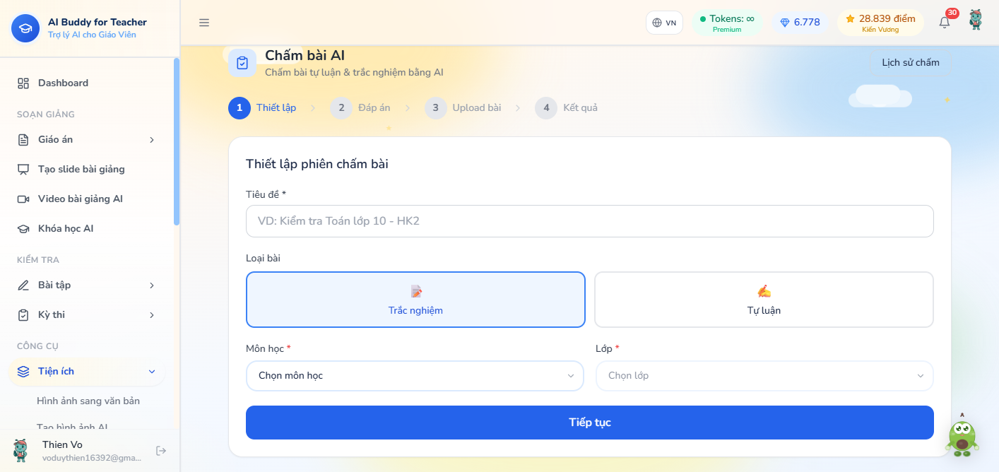 Chấm bài AI — bước Thiết lập, loại Trắc nghiệm hoặc Tự luận, môn lớp, nút Tiếp tục