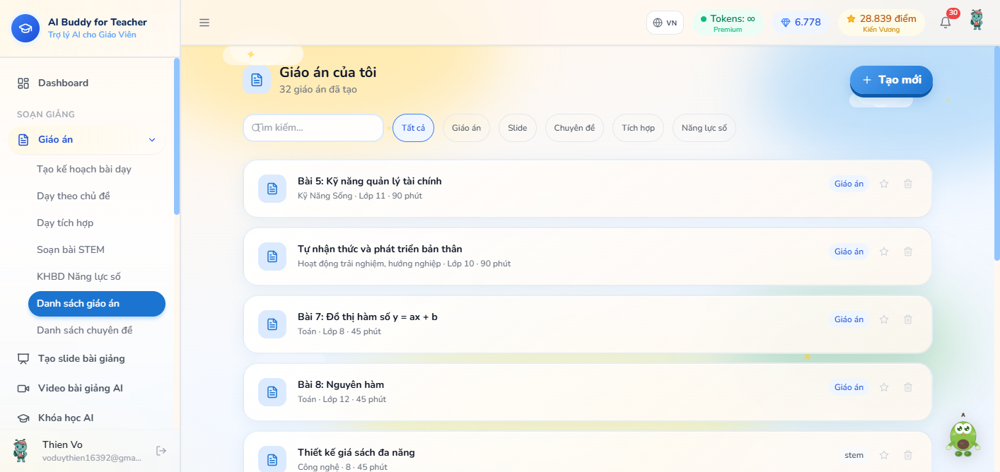 Giáo án của tôi — tìm kiếm, lọc loại, danh sách bài, nút Tạo mới