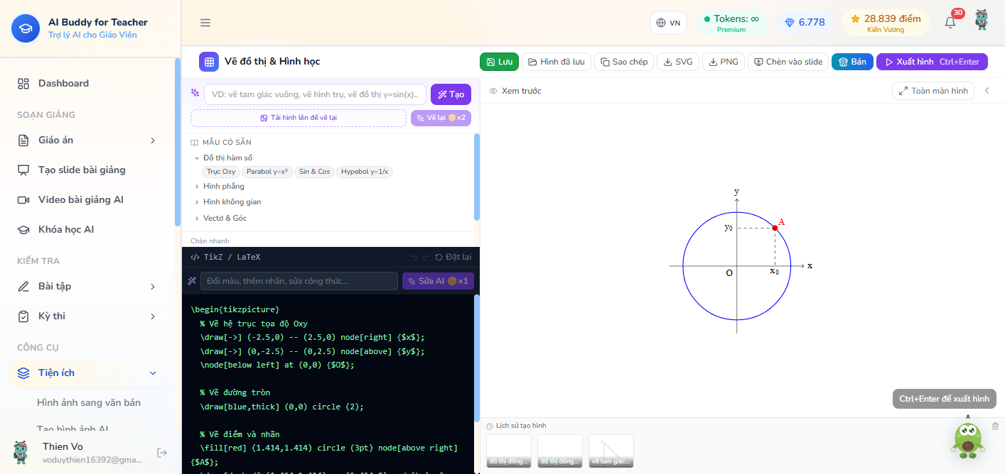 Vẽ đồ thị và hình học — ô AI vẽ tam giác, mẫu hàm số, code TikZ, xem trước đường tròn