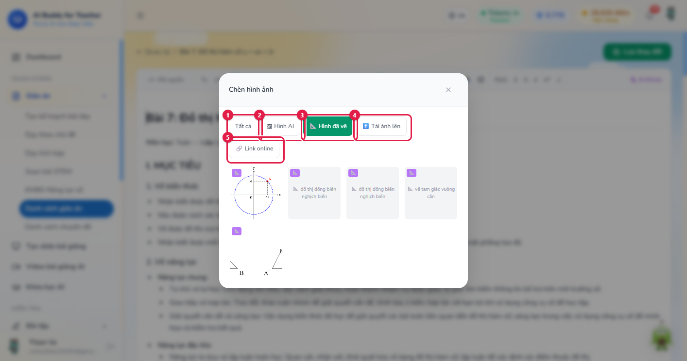 Cửa sổ Chèn hình ảnh — tab Tất cả, Hình AI, Hình đã vẽ đang chọn, Tải ảnh lên, Link online