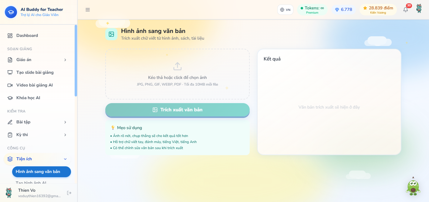 Hình ảnh sang văn bản — vùng kéo thả JPG PNG PDF, nút Trích xuất văn bản