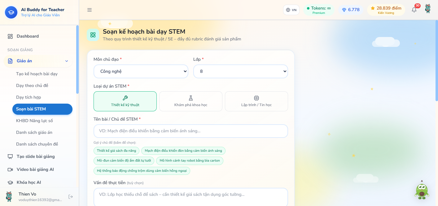 Form Soạn kế hoạch bài dạy STEM — môn chủ đạo, loại dự án, vấn đề thực tiễn