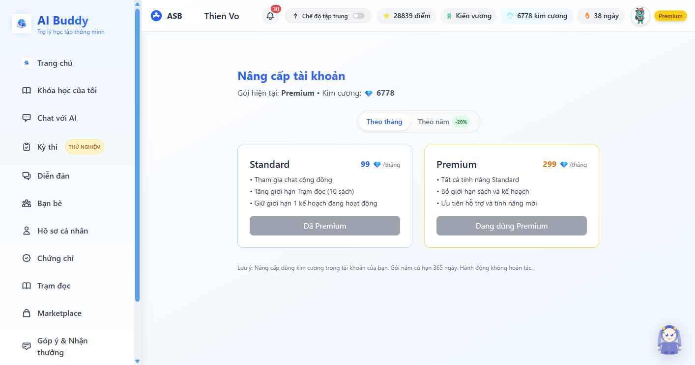 Trang nâng cấp gói thành viên